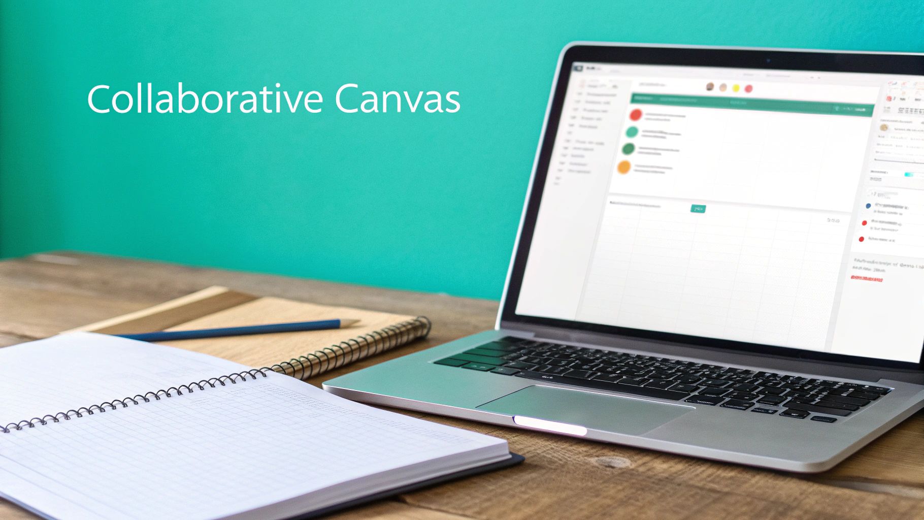 A laptop displaying a collaborative canvas software, an open notebook, and a pencil on a wooden desk.