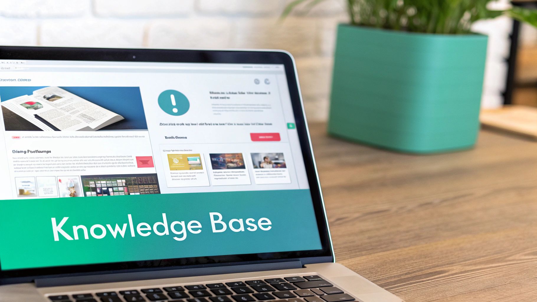 A laptop on a wooden desk displaying a 'Knowledge Base' website with articles and images.