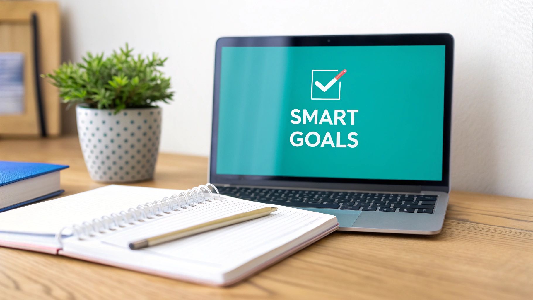 A laptop displays 'SMART GOALS' with a checkmark, next to a notebook and plant on a wooden desk.