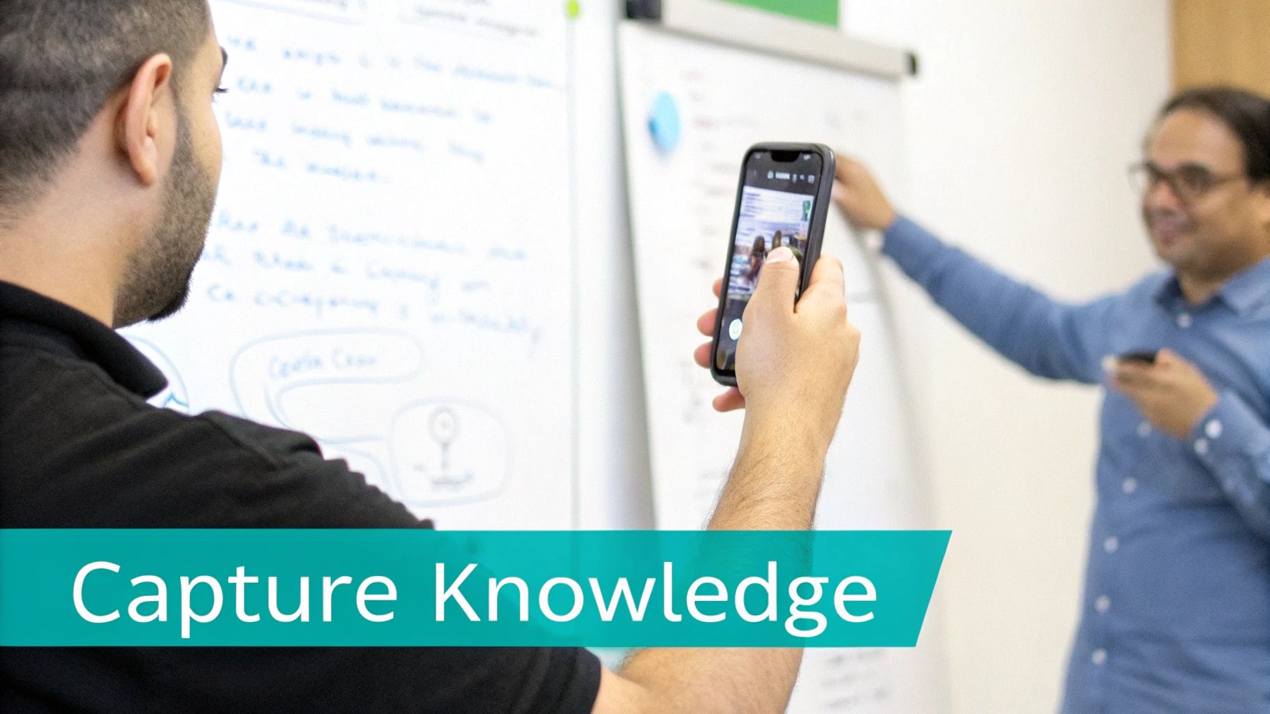 A person captures knowledge by photographing a whiteboard with a smartphone in a business meeting.
