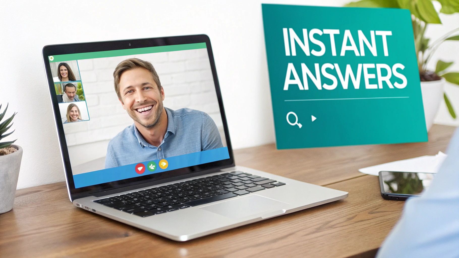 A person on a video call with a group on a laptop, with a sign for 'Instant Answers' in the background.
