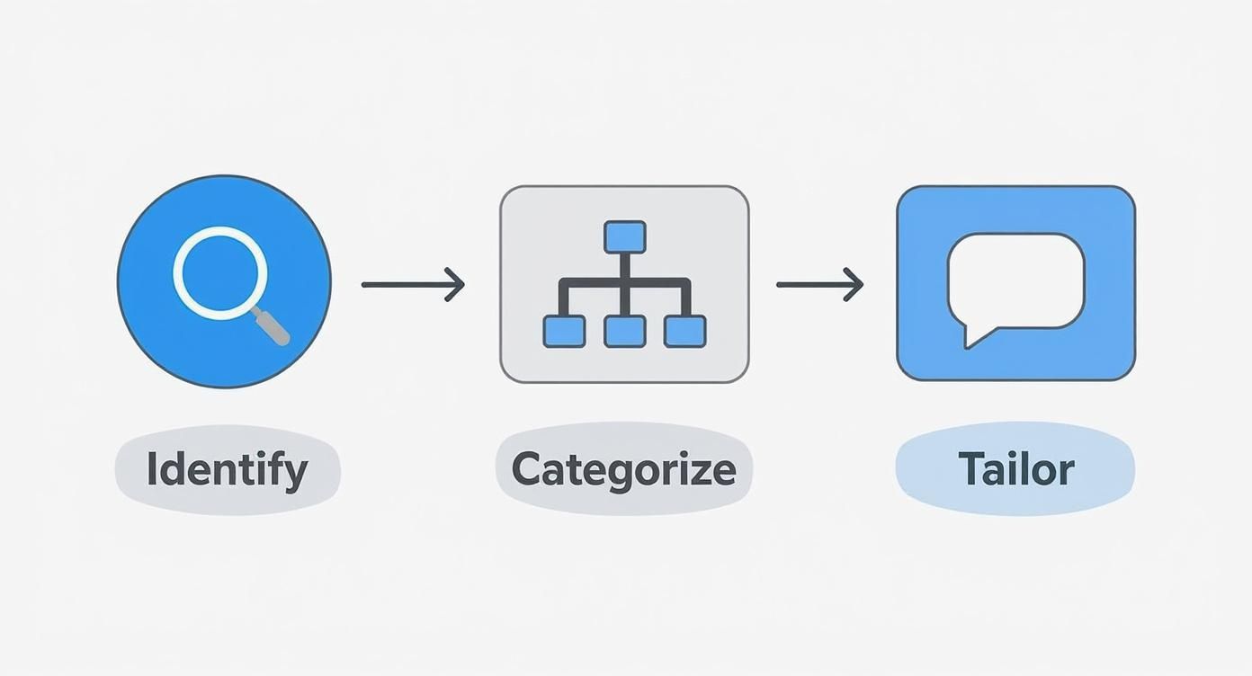Three-step workflow diagram showing identify, categorize, and tailor process with magnifying glass, hierarchy chart, and communication icons