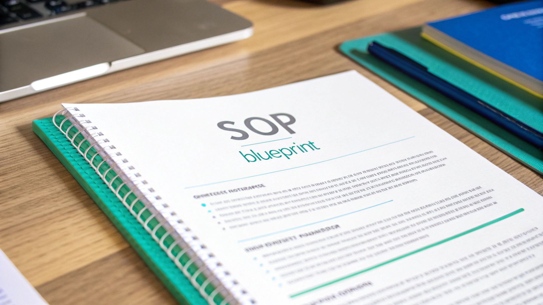 Close-up of a spiral-bound 'SOP blueprint' document on a wooden desk with a laptop and pen.