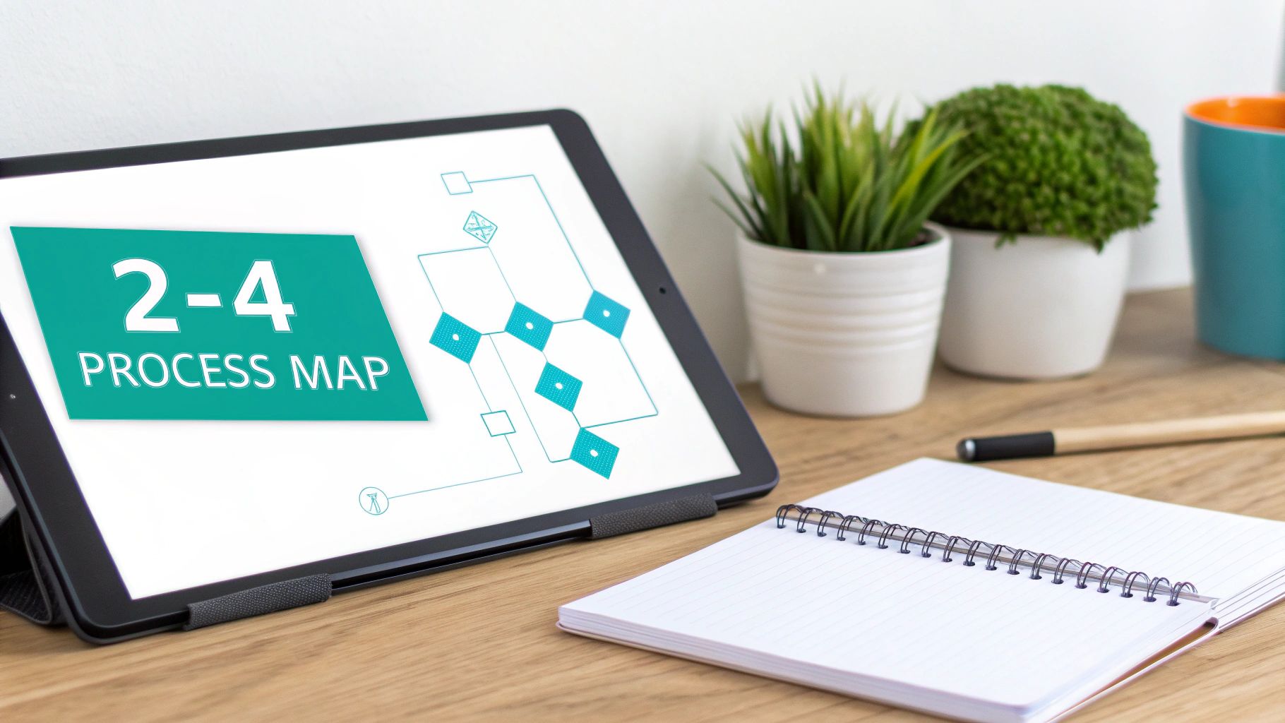 A tablet displaying a '2-4 PROCESS MAP' flowchart, an open notebook, and a pen on a wooden desk.