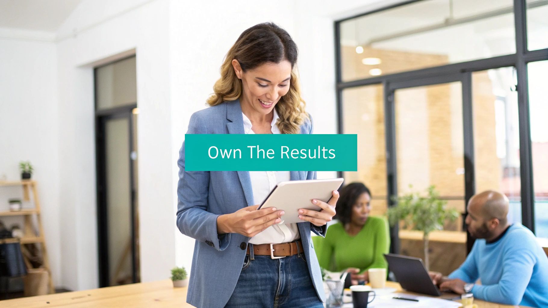 A smiling businesswoman in a blazer holds a tablet in an office with colleagues, with 'Own The Results' text overlay.