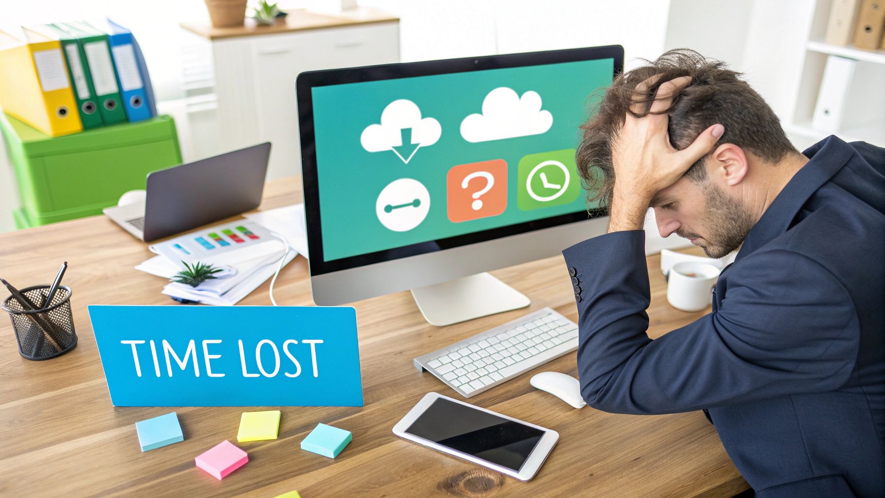 Frustrated businessman with hands on head, viewing a computer screen displaying various icons, next to a 'TIME LOST' sign.