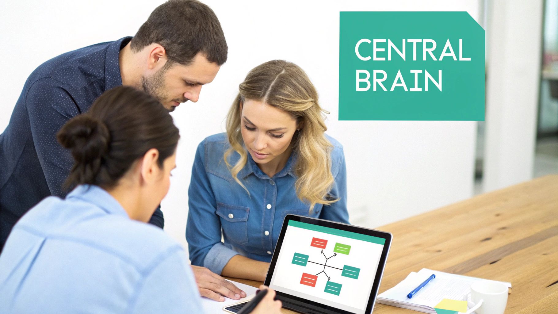 Three professionals collaborate around a laptop displaying a diagram, discussing a central brain concept.