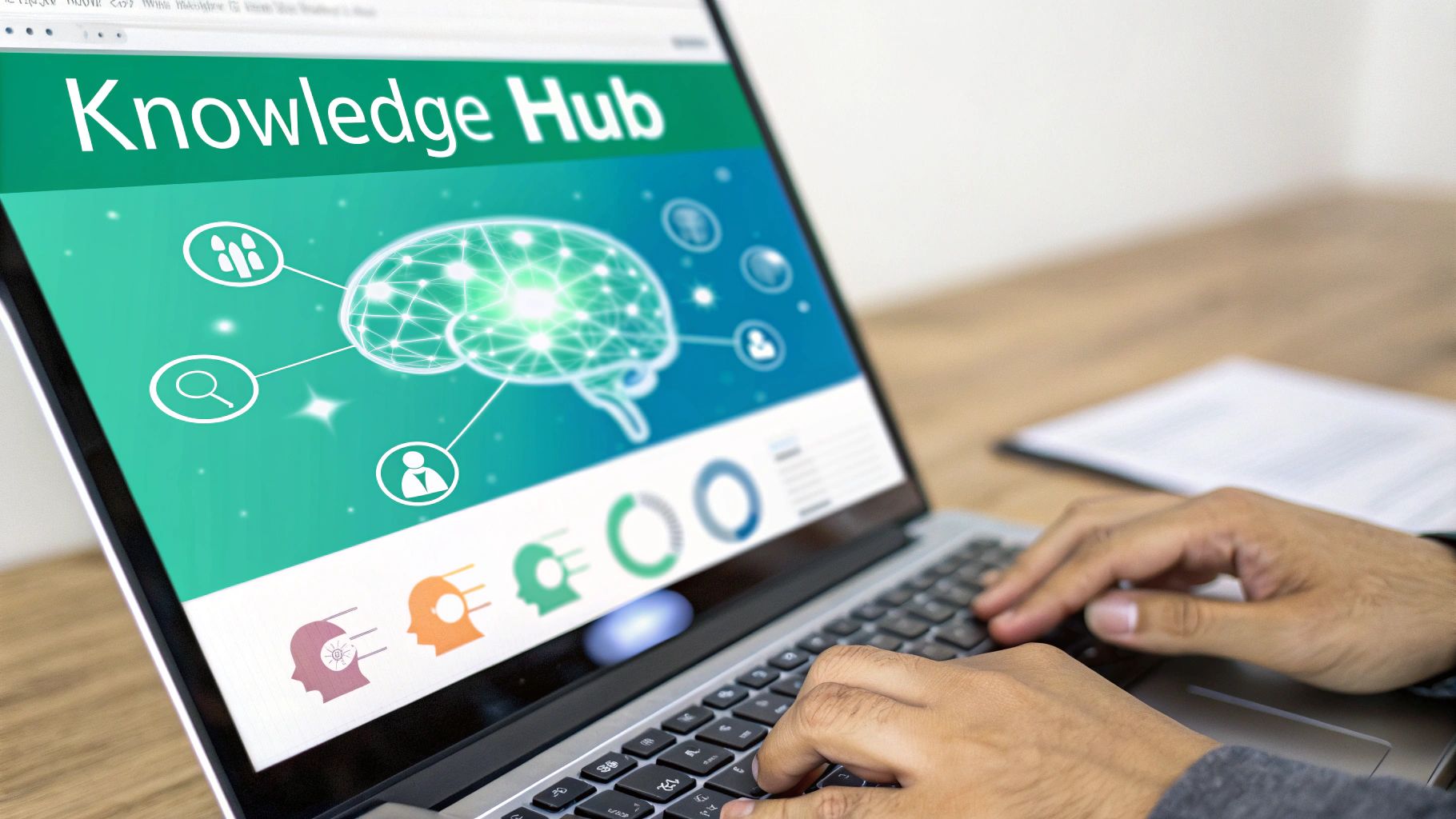 A person types on a laptop displaying a 'Knowledge Hub' website with a brain graphic and icons.