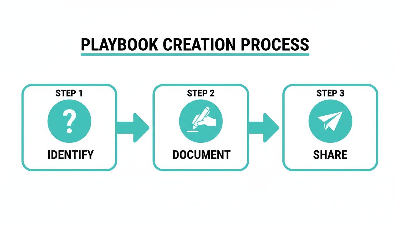 Infographic illustrating the three steps of the playbook creation process: identify, document, and share.