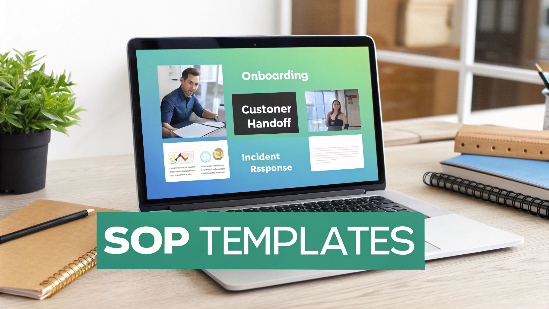 A laptop screen displays various SOP templates, including onboarding, customer handoff, and incident response.