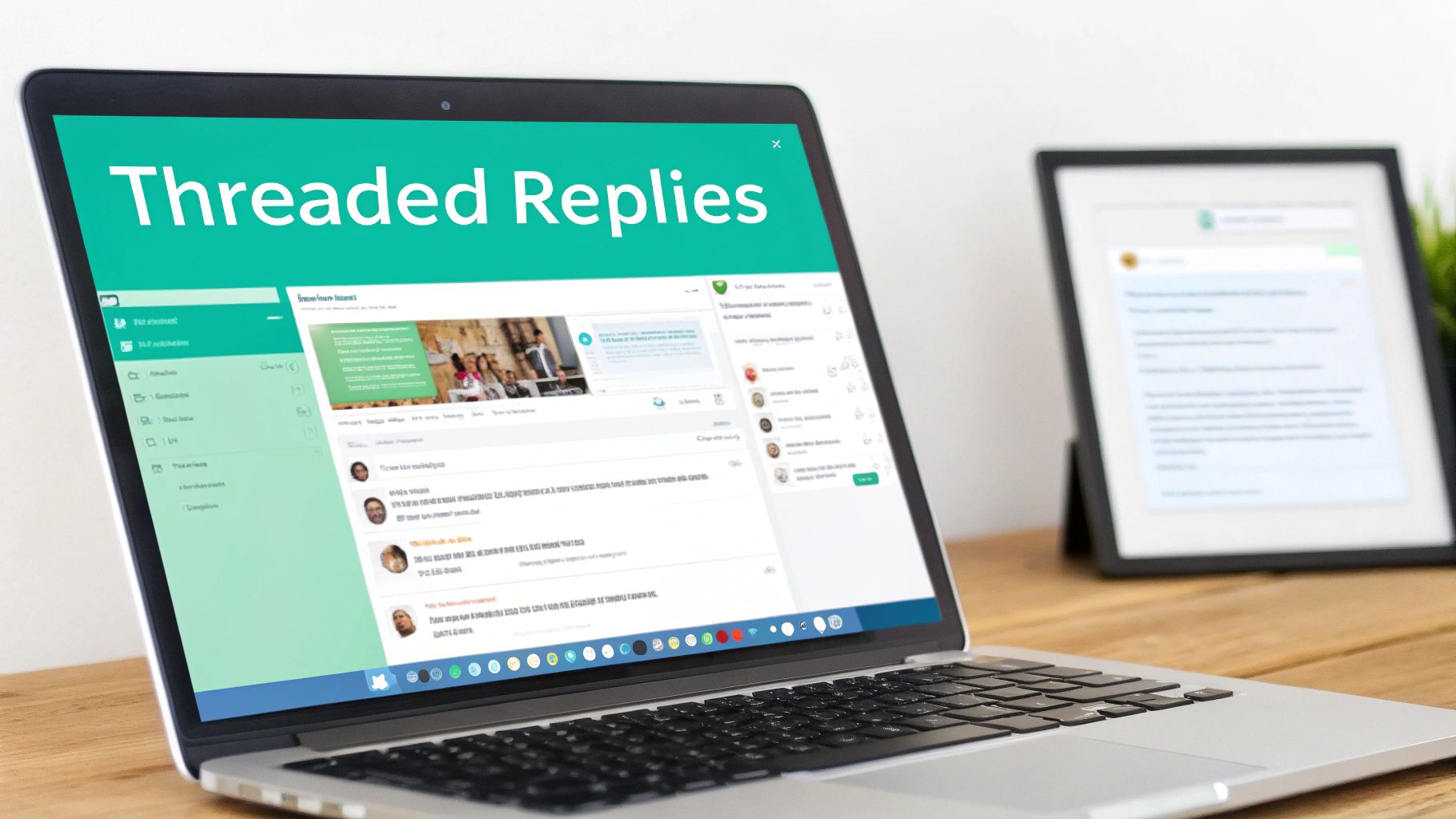 A laptop displays a communication platform featuring "Threaded Replies" for organized conversations, with a tablet in the background.