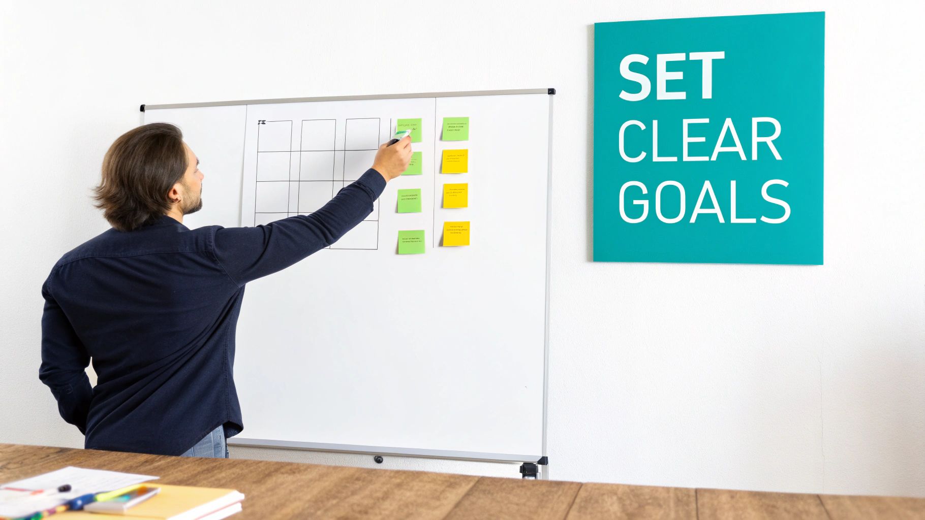 Man writing on a whiteboard with sticky notes, next to a 'Set Clear Goals' sign.