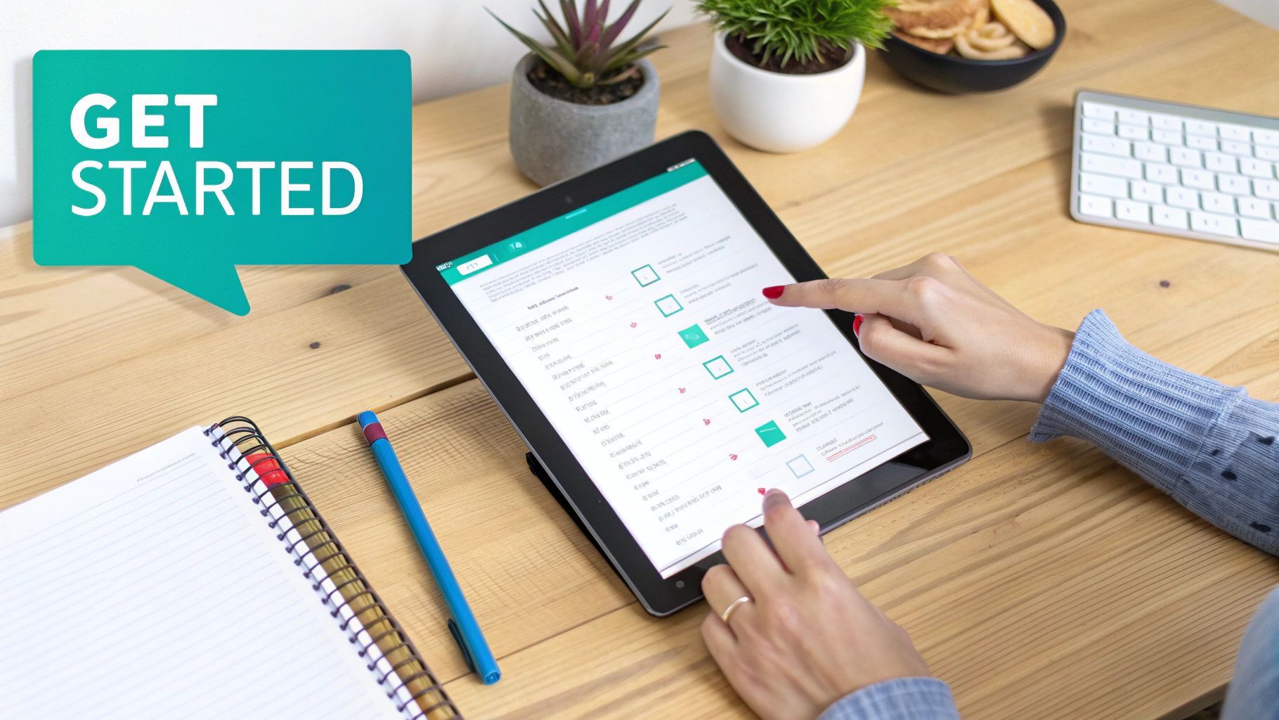 A person interacting with a tablet showing a checklist and a 'GET STARTED' text bubble on a wooden desk.