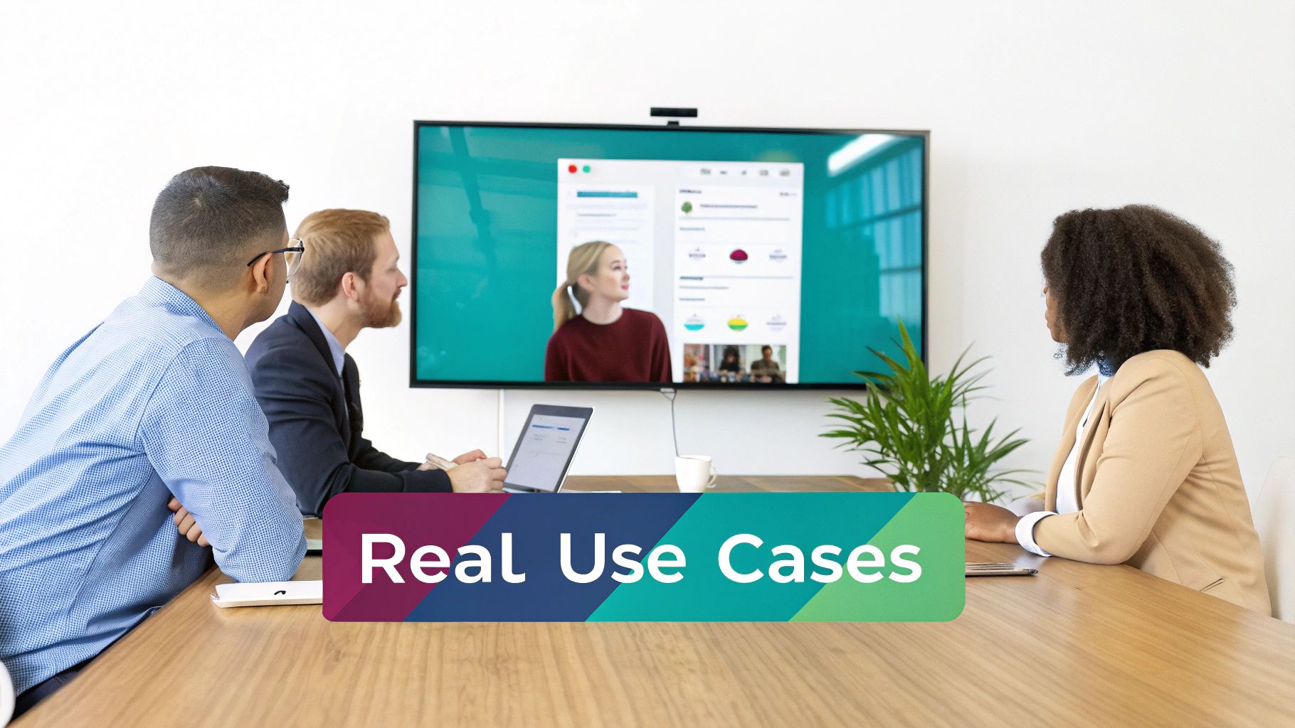 Three colleagues attend a business meeting, viewing a video conference on a large wall-mounted display.