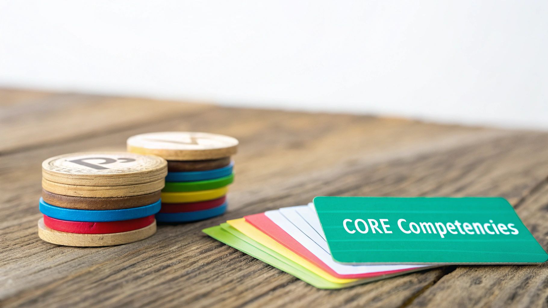 Stacks of colorful wooden tokens and a green card displaying 'CORE Competencies' on a table.