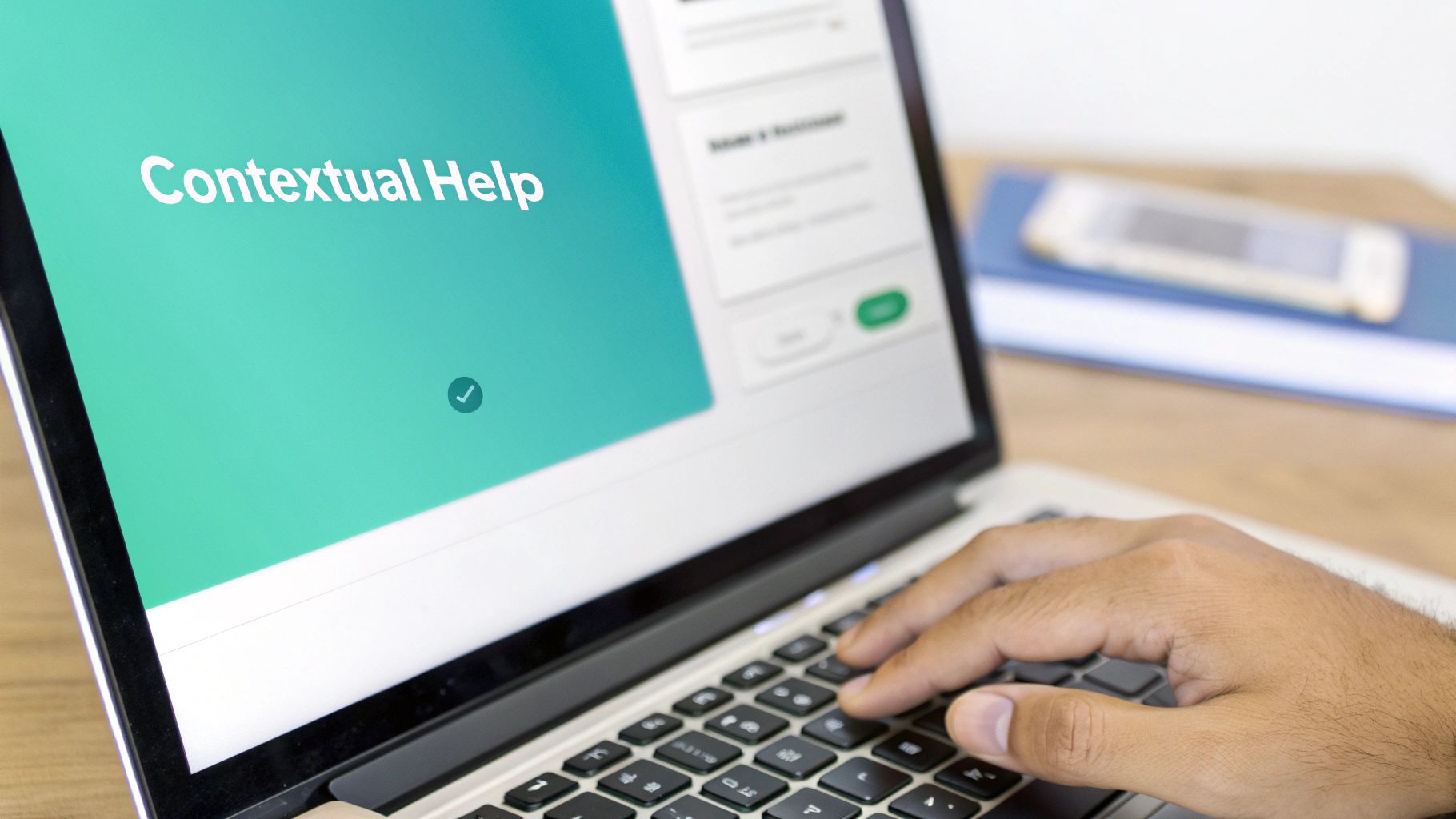 A person's hand types on a laptop displaying 'Contextual Help' on a teal screen.