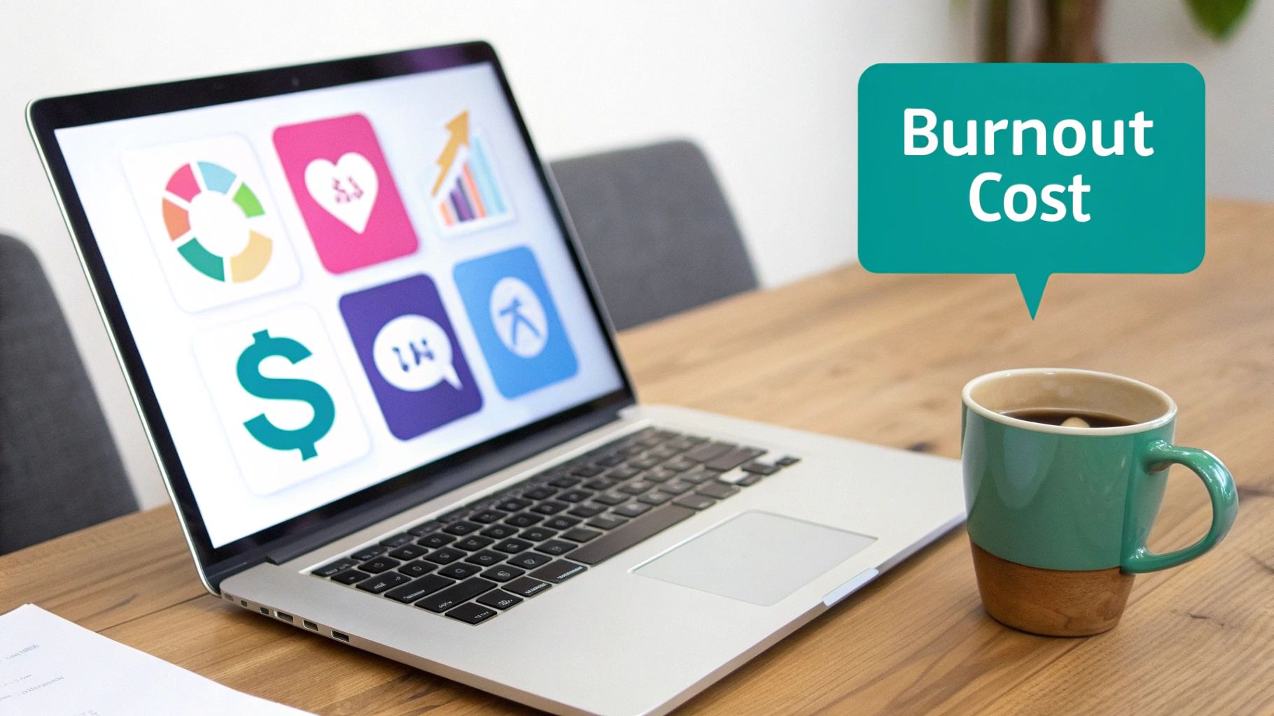 Laptop on a desk with data icons, a coffee mug, and a speech bubble reading 'Burnout Cost'.