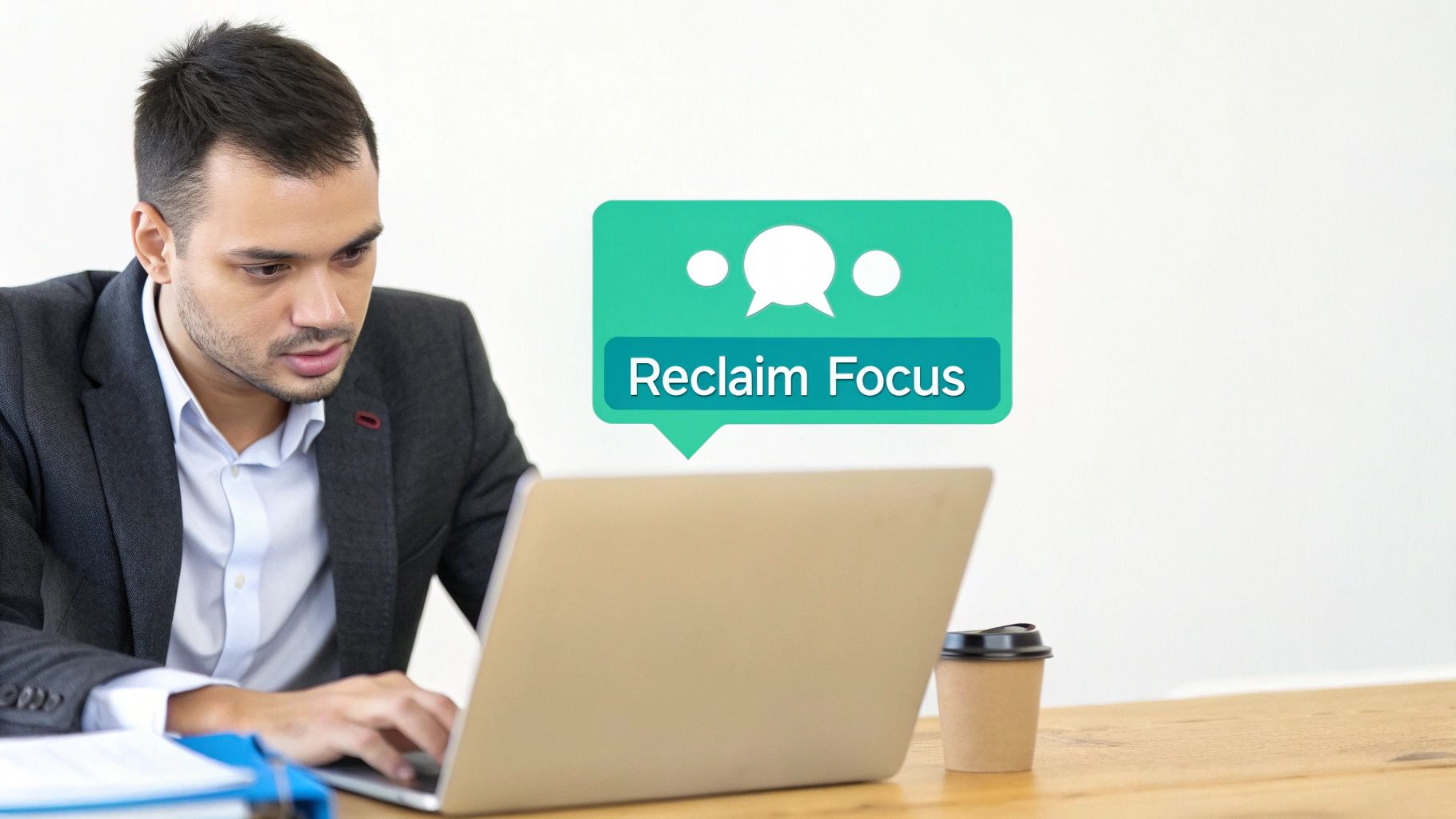 A focused man in a suit works on a laptop, with a 'Reclaim Focus' thought bubble overhead.