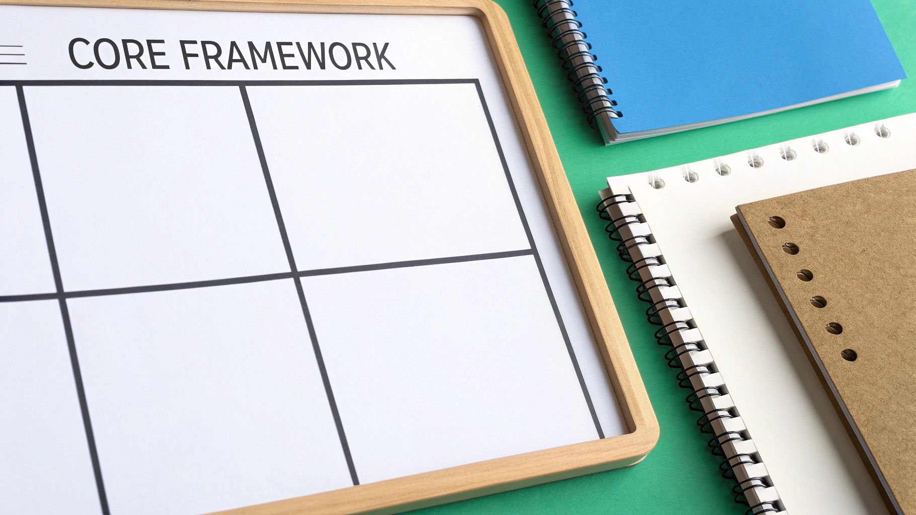 Core framework template with empty grid on whiteboard surrounded by spiral notebooks on green desk