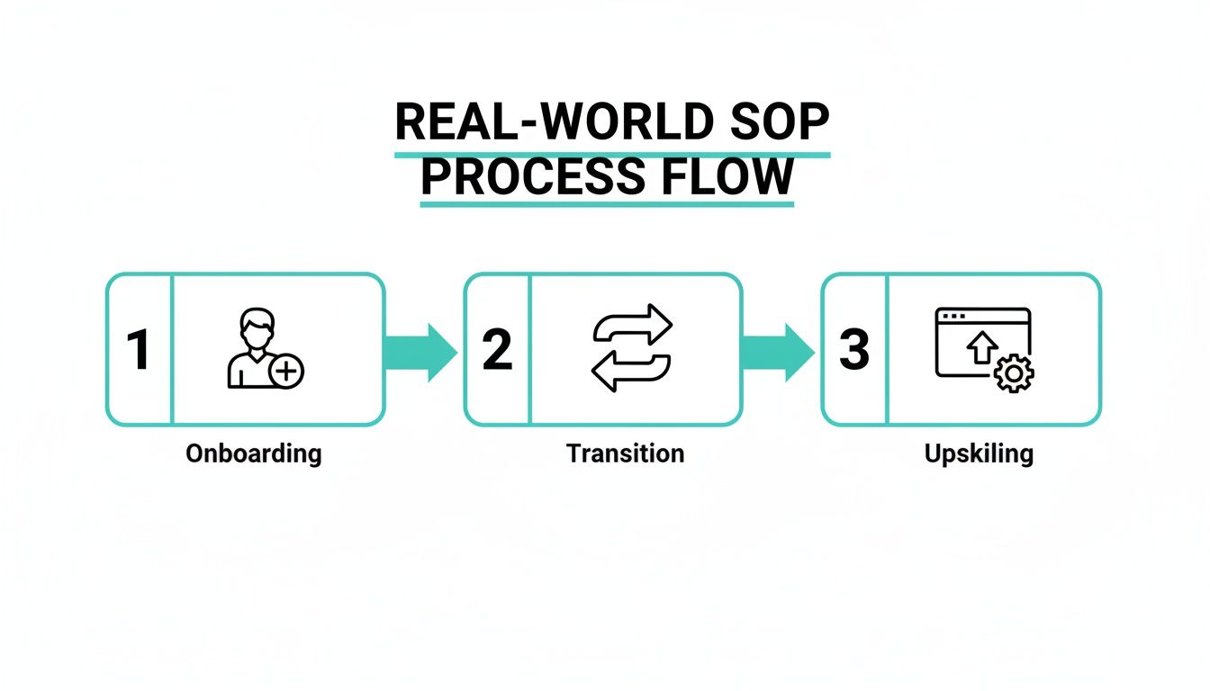A flowchart illustrating a real-world SOP process flow with three steps: Onboarding, Transition, and Upskilling.