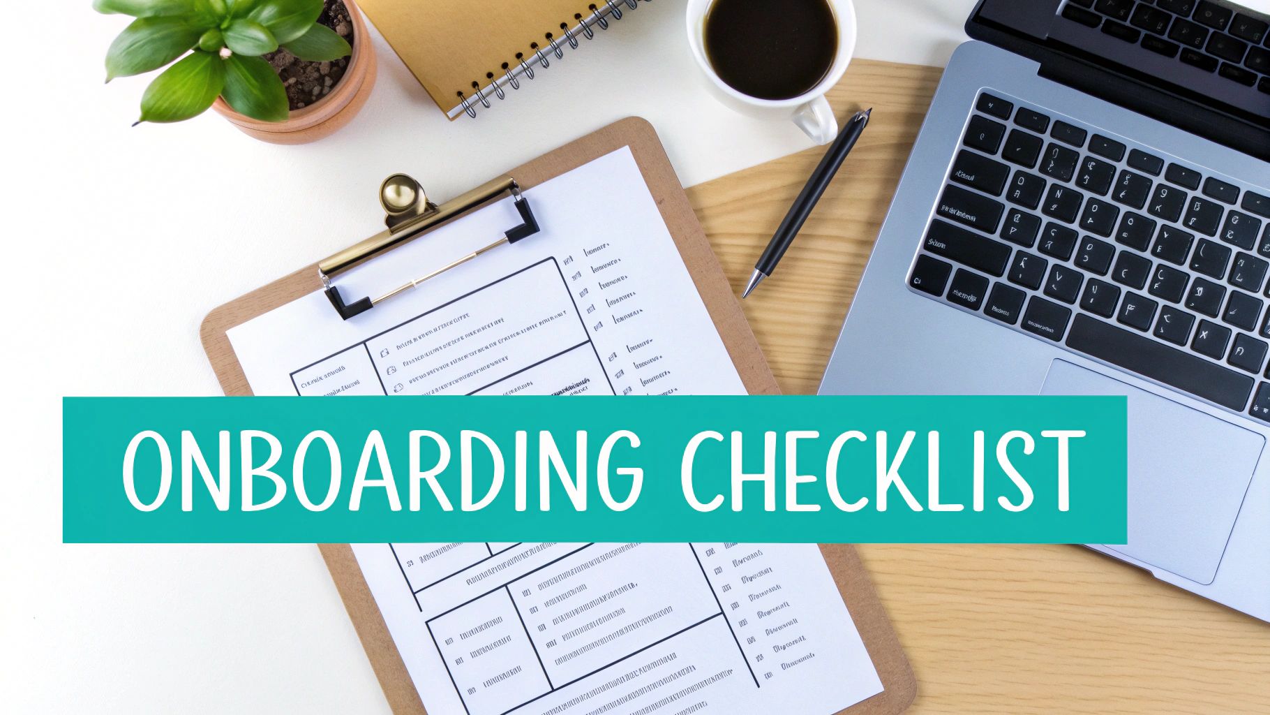 A flat lay of a desk with a laptop, coffee, plant, and a clipboard with an 'ONBOARDING CHECKLIST' banner.