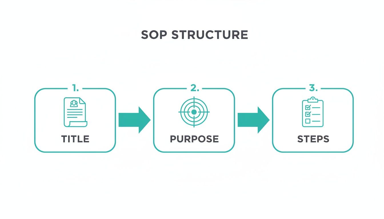 Flowchart illustrating the SOP structure, detailing title, purpose, and steps with corresponding icons.