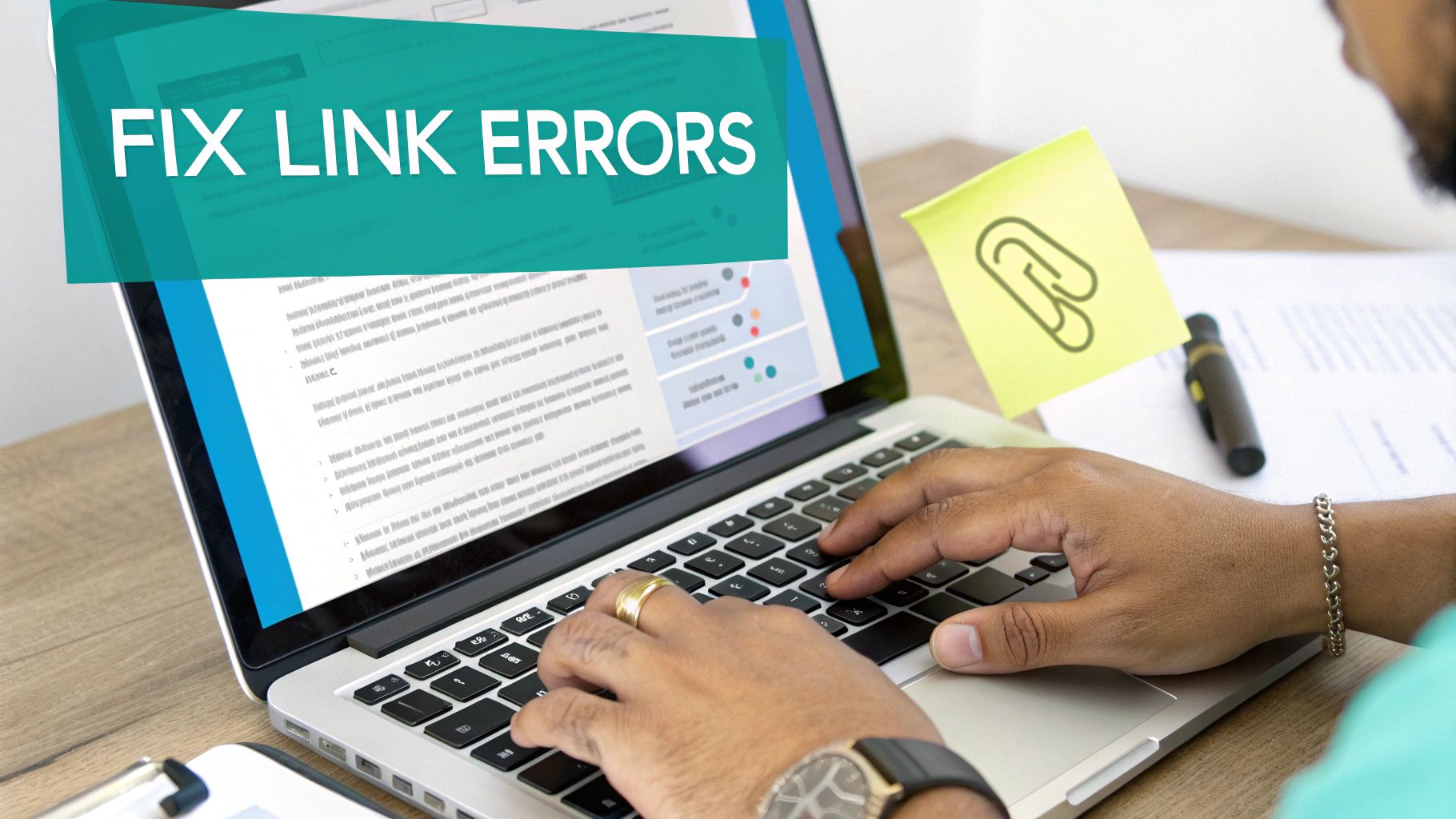 Person typing on a laptop with 'FIX LINK ERRORS' on screen, a sticky note with a paperclip.
