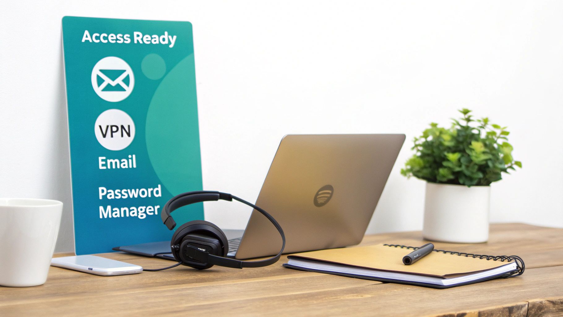 A modern desk setup with a laptop, headphones, smartphone, notebook, and a sign for 'Access Ready'.