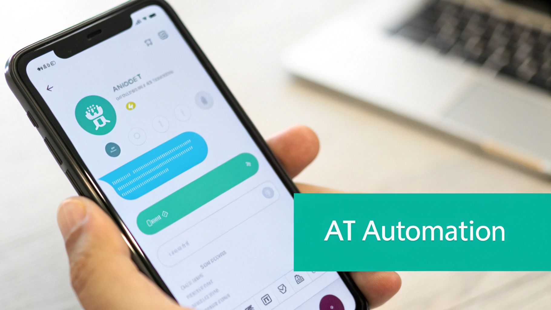 A hand holds a smartphone displaying a chat application with a profile named ANIOOET and a green banner reading 'AT Automation'.