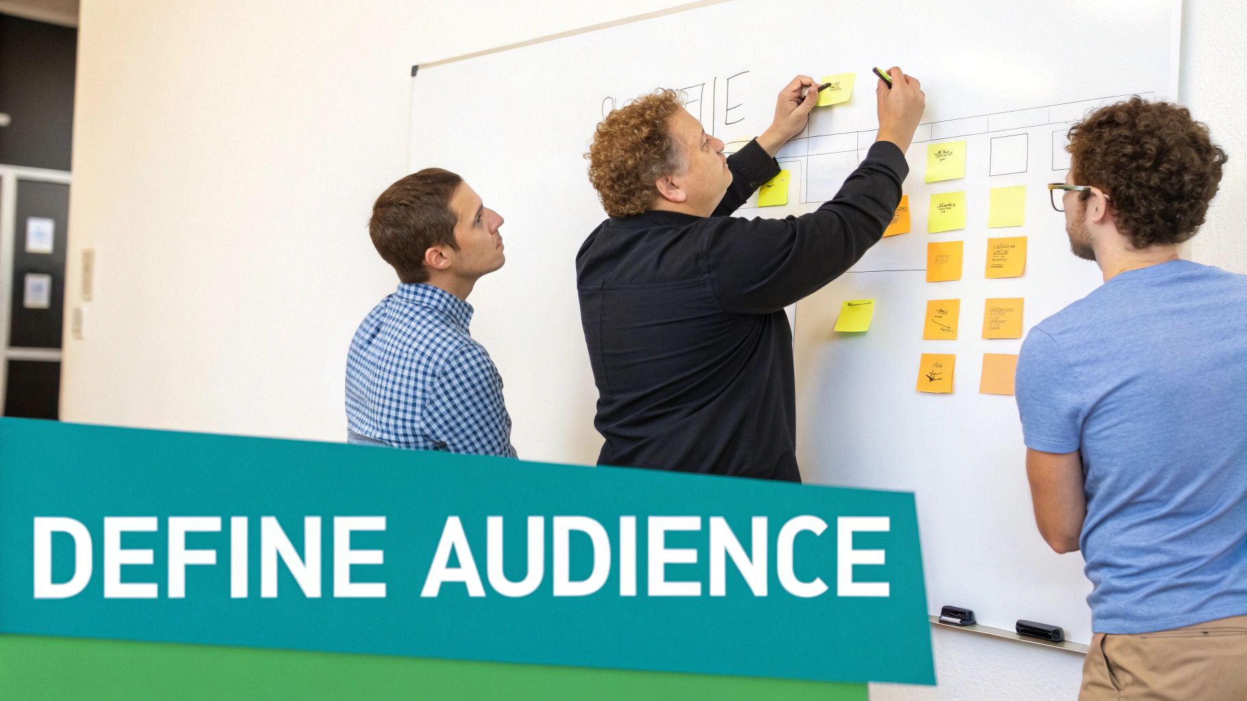 Three men collaborate on a whiteboard with sticky notes, defining the audience during a brainstorming session.