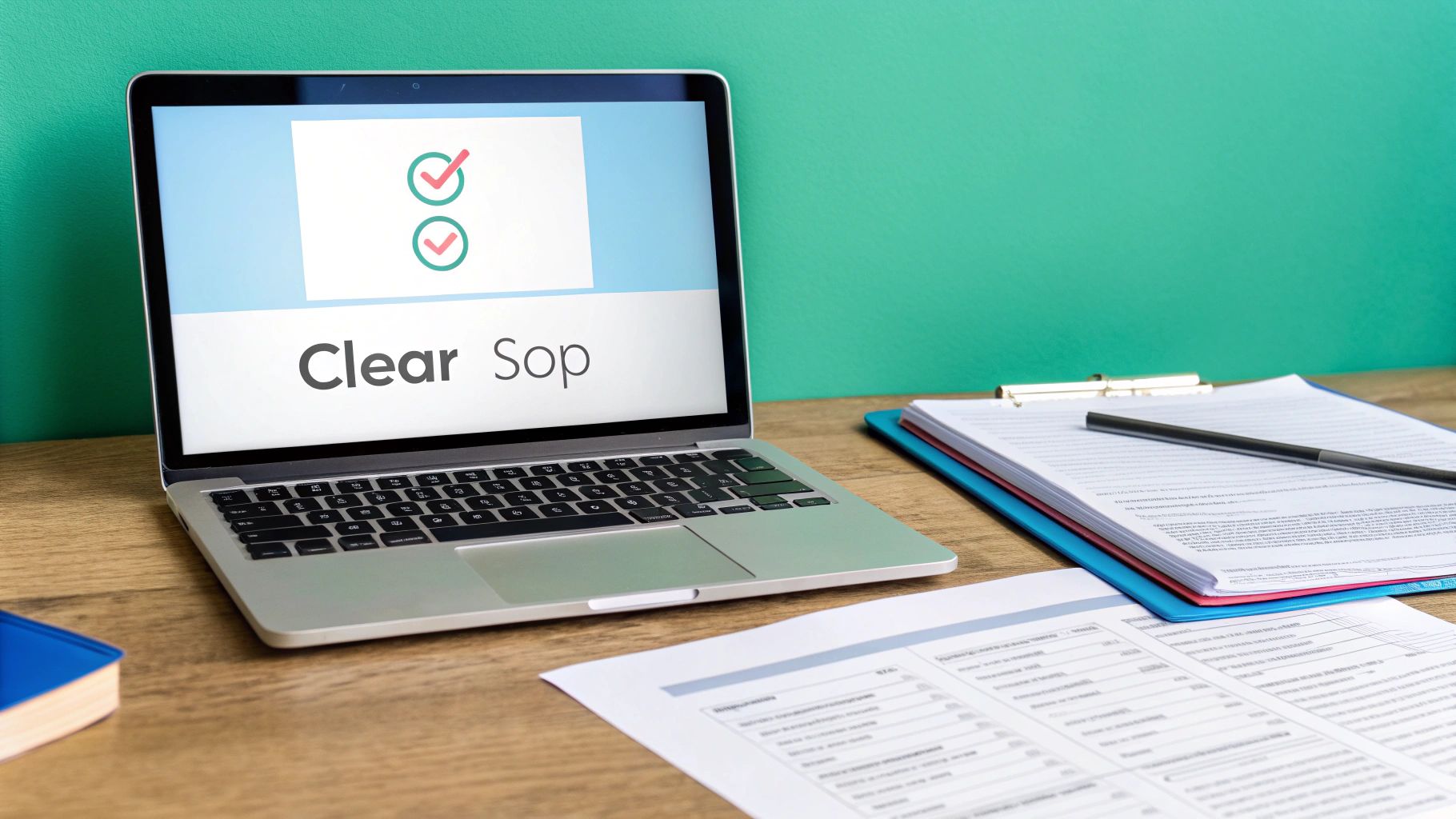 A laptop displays 'Clear Sop' with checkmarks, alongside documents, a pen, and a book on a wooden desk.