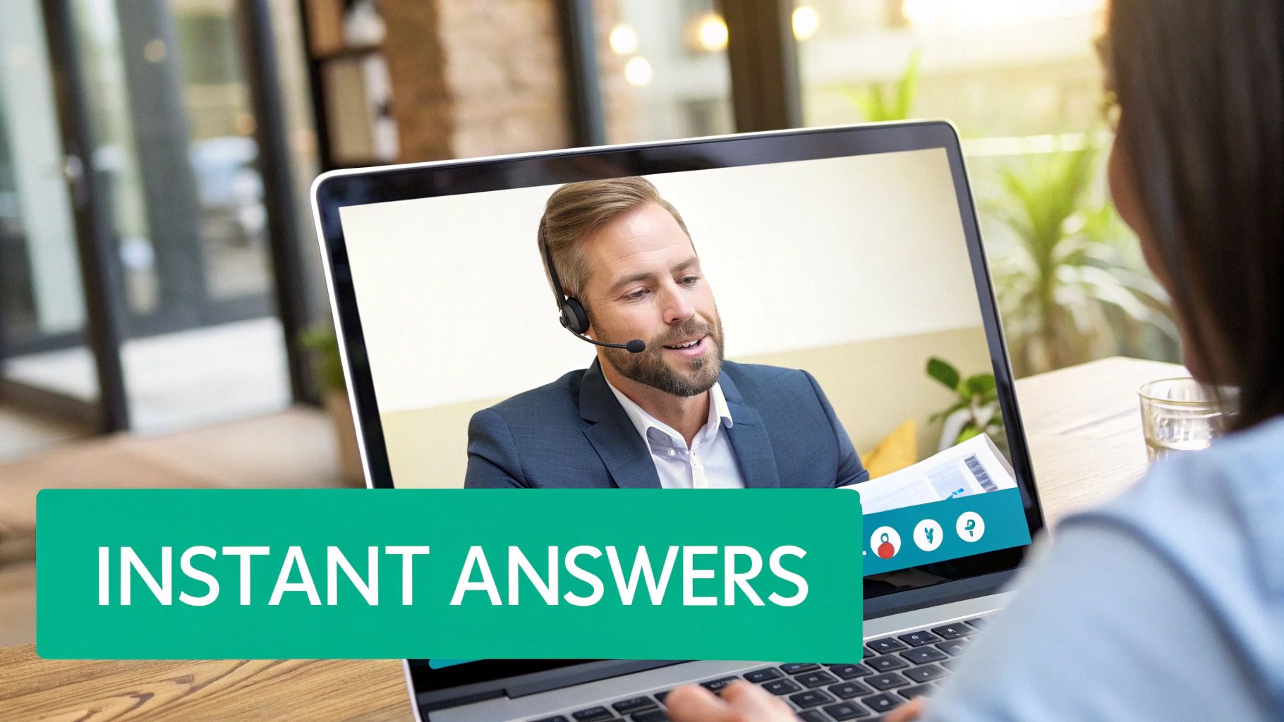 A person on a laptop video calling a support agent with an 'INSTANT ANSWERS' banner.