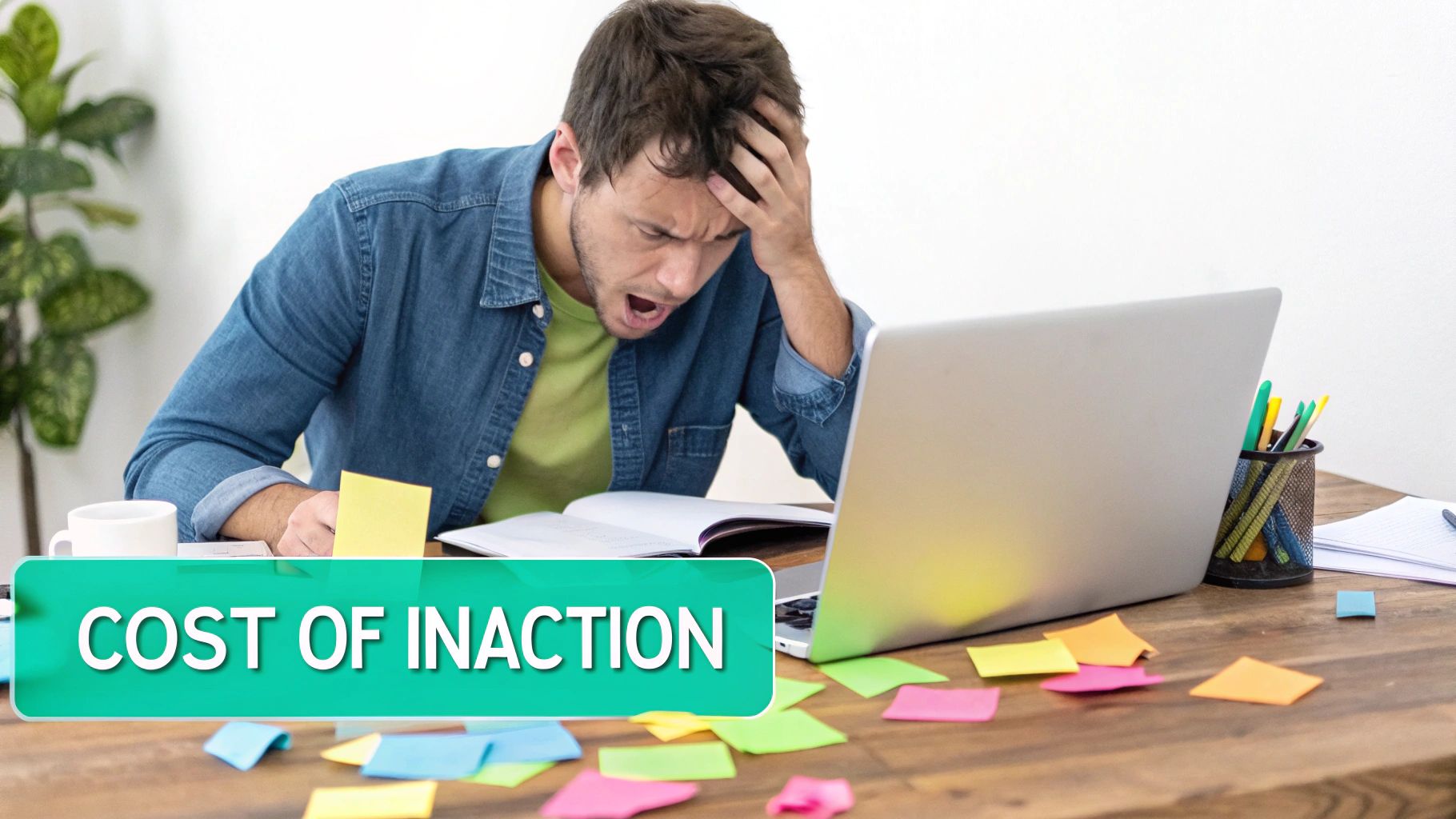 A stressed man at a desk with a laptop, sticky notes, and a banner saying 'COST OF INACTION'.