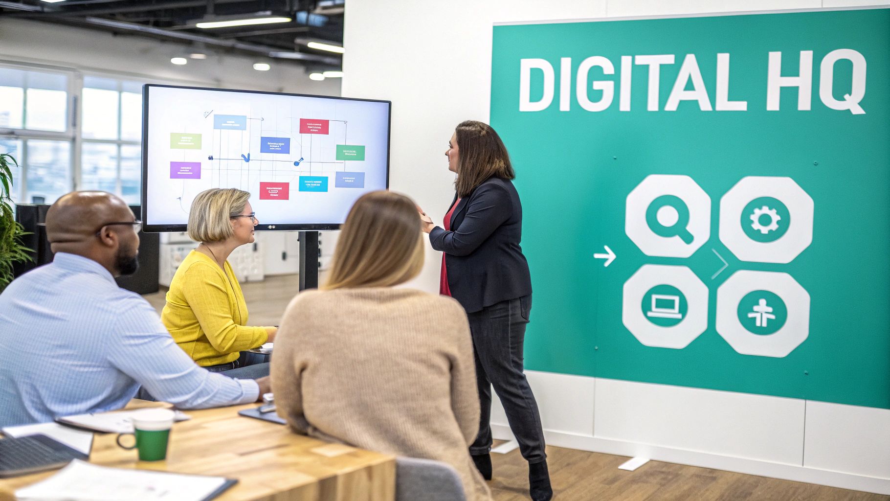 Four professionals attend a business presentation in a modern office, discussing a digital strategy.