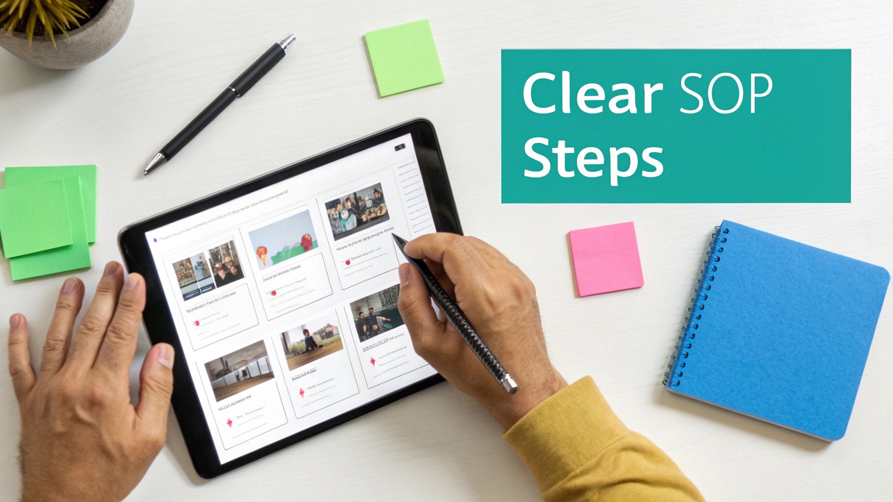 A person's hands interact with a tablet displaying content, surrounded by sticky notes, a pen, and a notebook, with text 'Clear SOP Steps'.