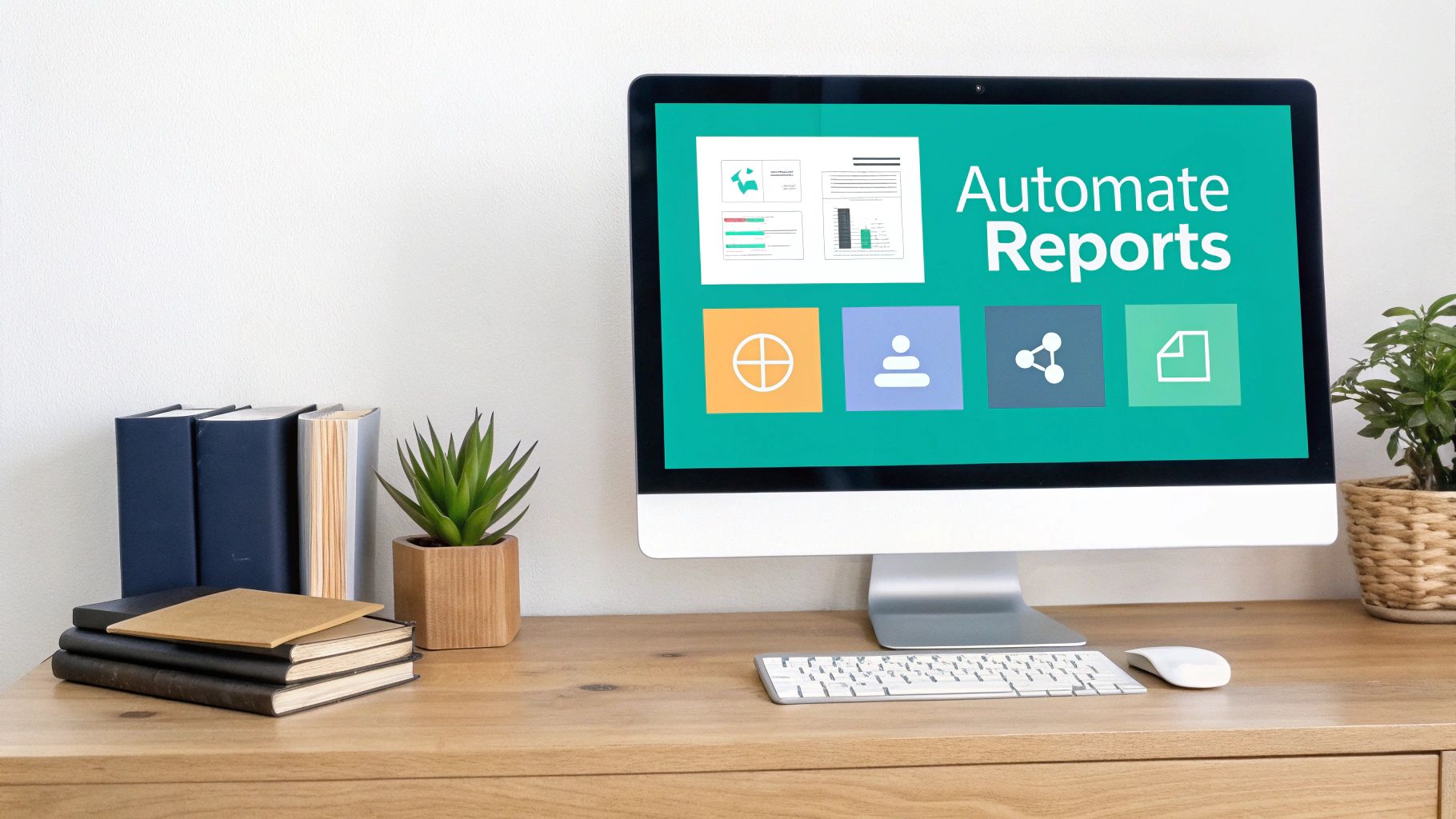 A modern office desk with a computer displaying 'Automate Reports,' surrounded by books and plants.