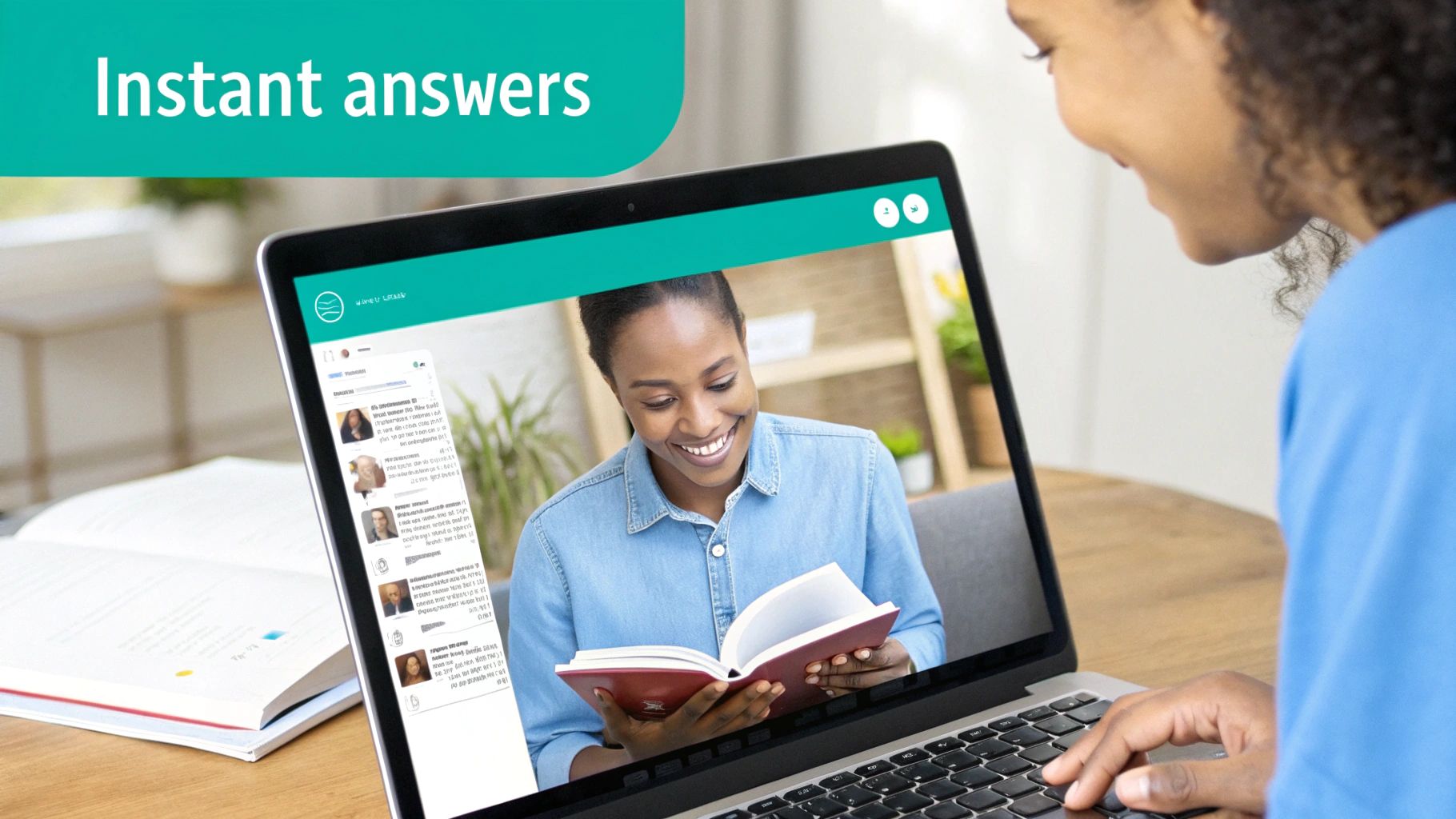 A person interacts with a laptop, showing a video call of another person smiling and reading.