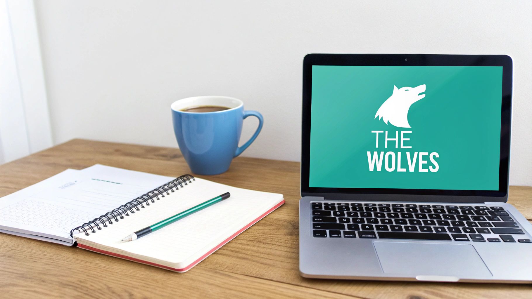 A laptop displaying 'THE WOLVES' logo next to a coffee mug and notebook on a wooden desk.