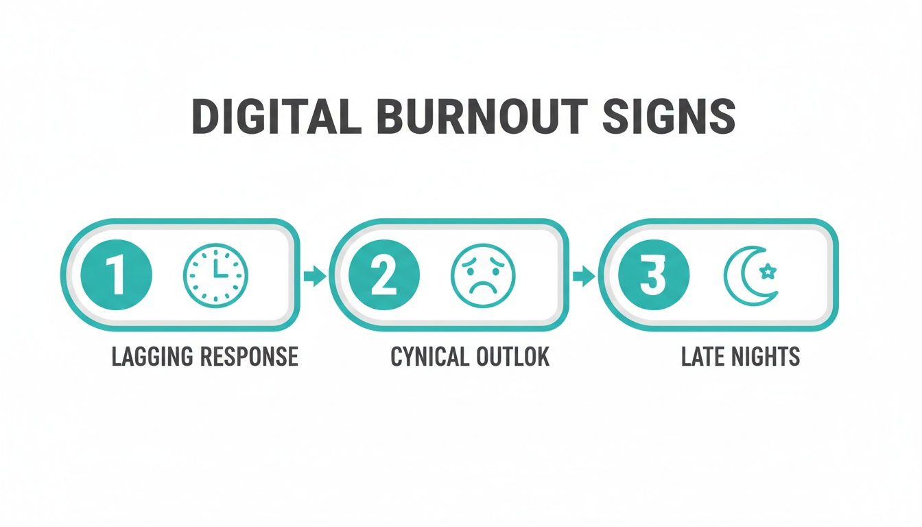 An infographic illustrating three digital burnout signs: lagging response, cynical outlook, and late nights.