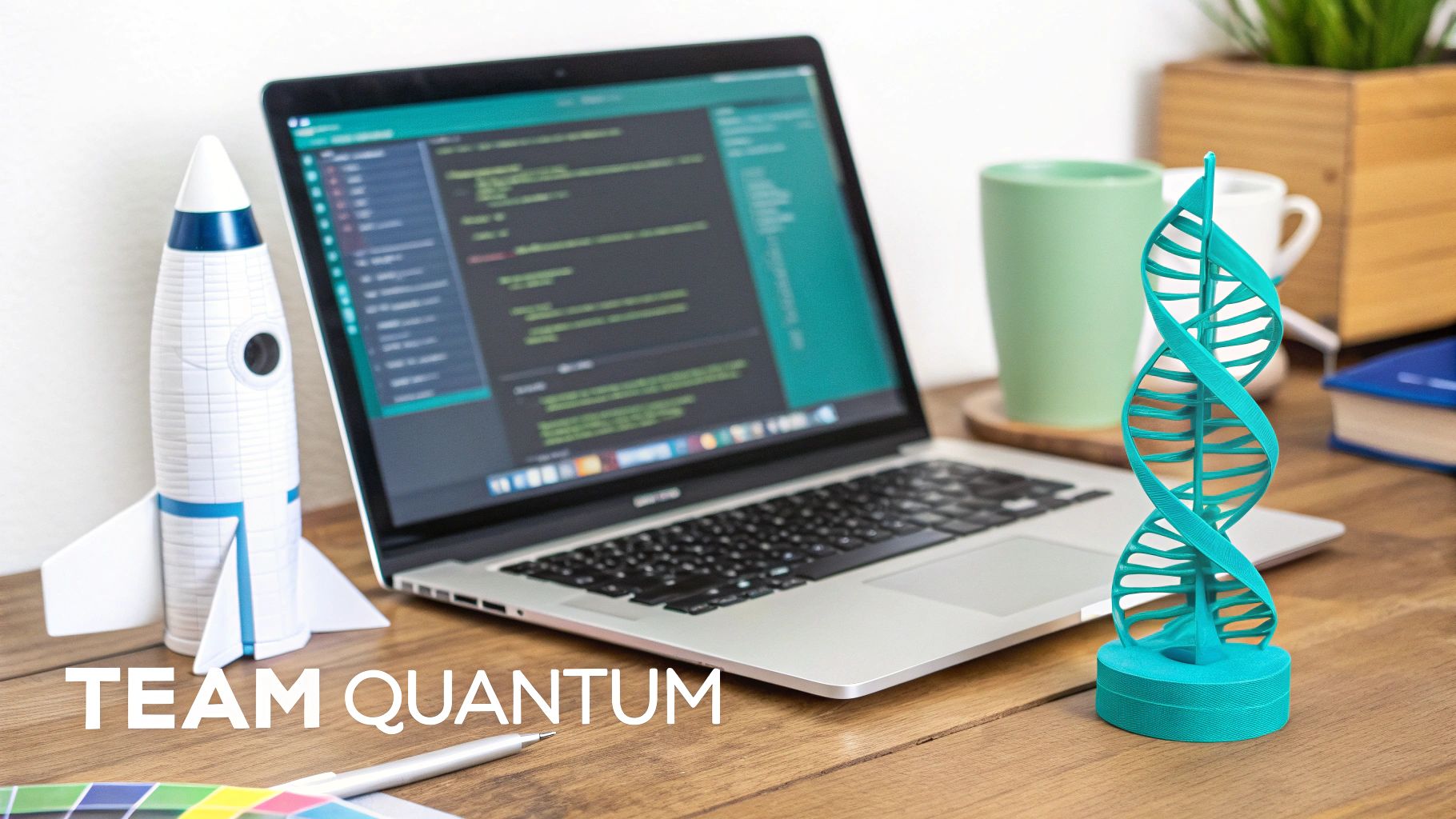 A desk with a laptop showing code, a rocket model, and a DNA helix model, with 'TEAM QUANTUM' text.
