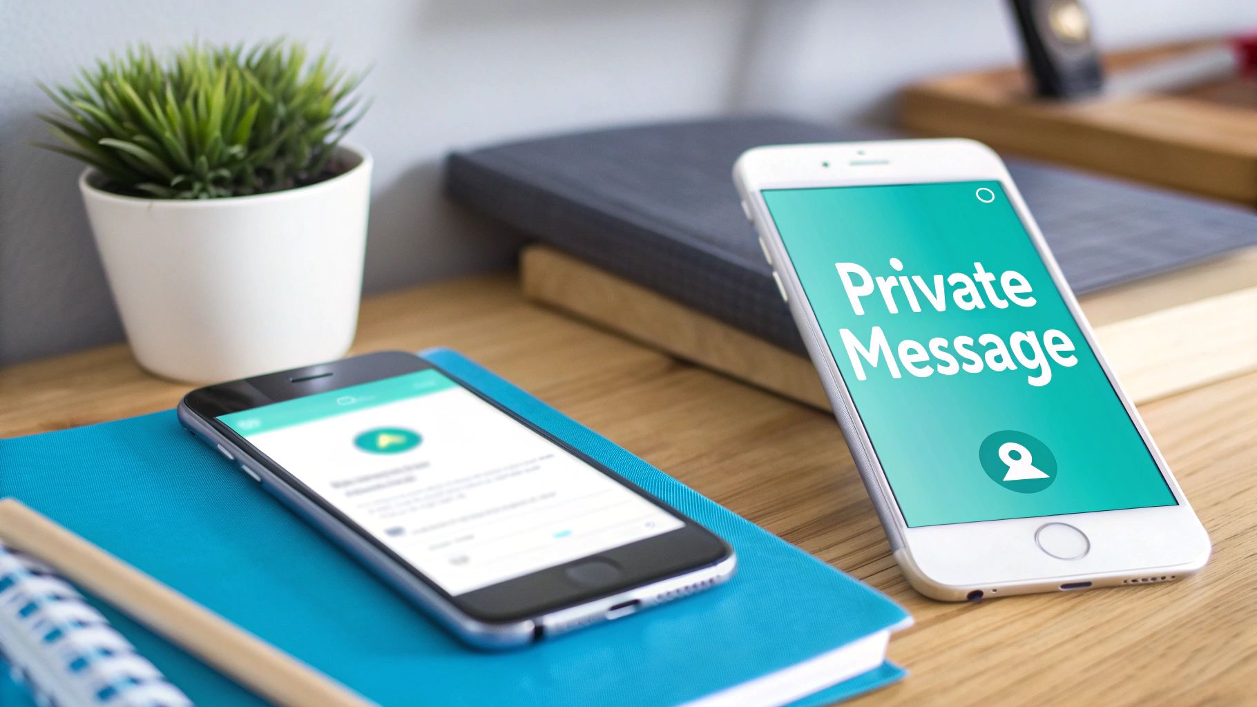 Two smartphones on a wooden desk, one displaying 'Private Message' with a lock icon, emphasizing secure communication.