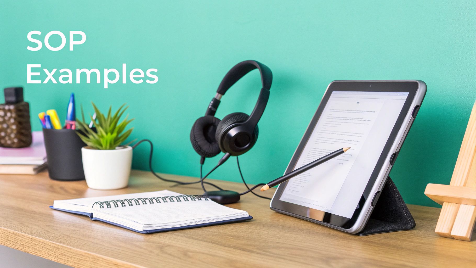 A desk with a tablet displaying a document, headphones, notepad, and plant, with "SOP Examples" text.