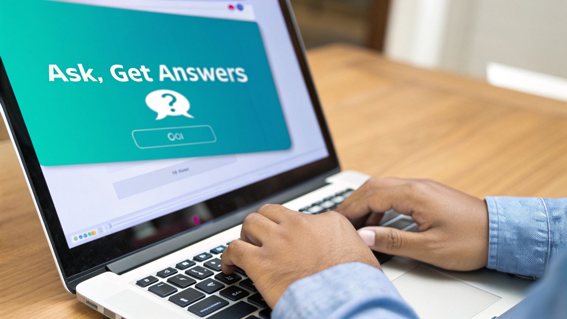 Person typing on a laptop displaying an "Ask, Get Answers" interface with a question mark.