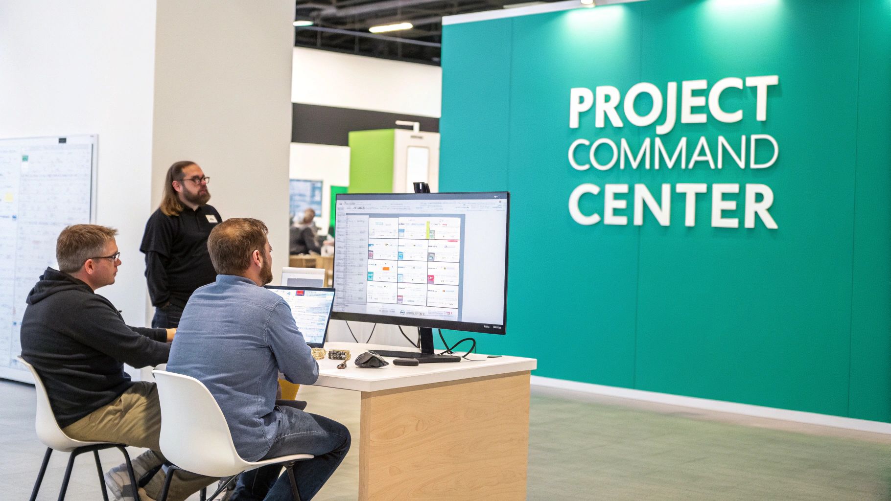 Team collaborating at Project Command Center reviewing digital project management calendar on monitor