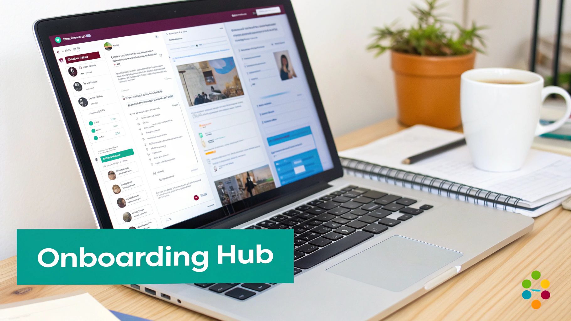 Laptop screen displaying an 'Onboarding Hub' platform, alongside a coffee mug, plant, and notepad on a desk.