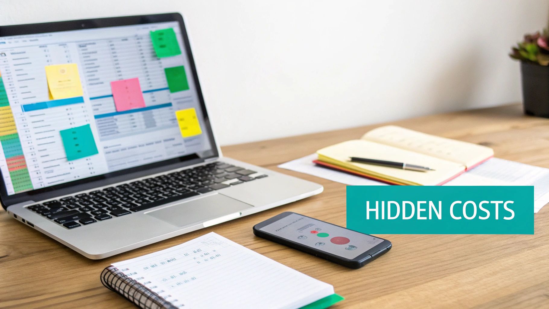 A wooden desk with a laptop, smartphone, notebooks, and a banner reading 'HIDDEN COSTS'.