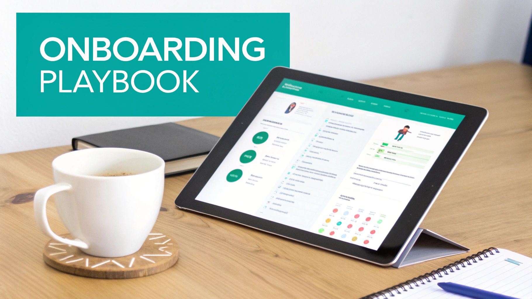 A desk setup with a tablet displaying an onboarding playbook, a coffee mug, and notebooks.
