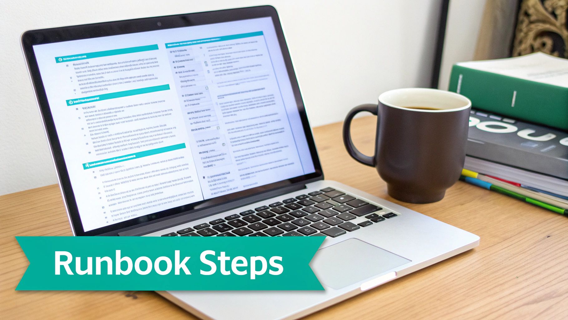 A laptop displaying a runbook document, a coffee mug, and stacked books on a wooden desk.