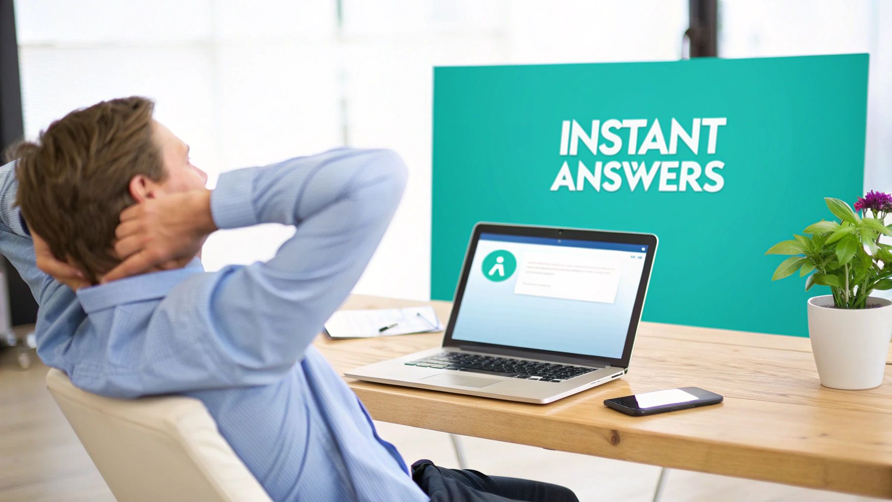 A man relaxes at a desk with a laptop and a prominent sign reading 'INSTANT ANSWERS'.