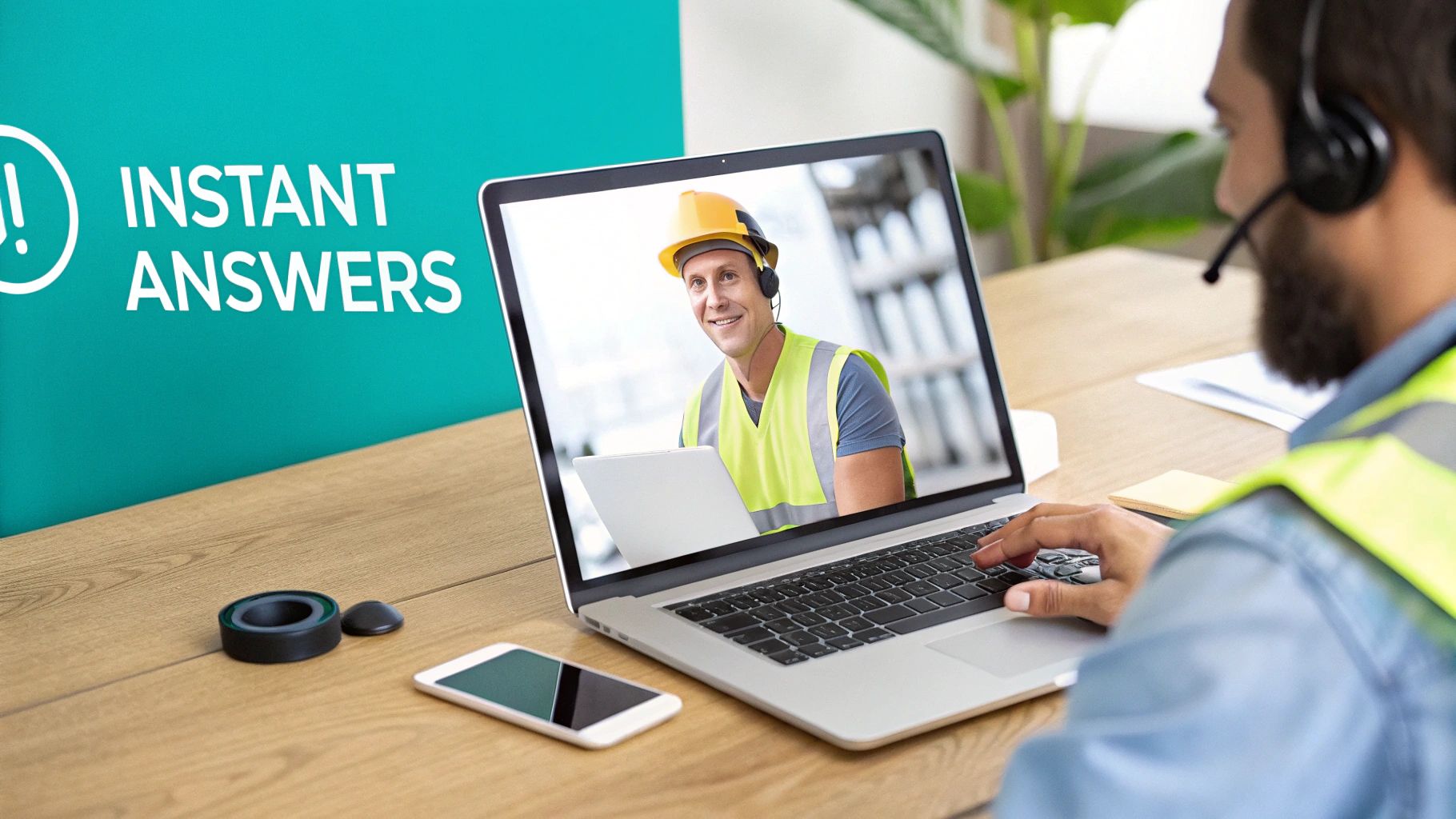 A man in a safety vest and headset typing on a laptop, video calling another man in a hard hat and safety vest.